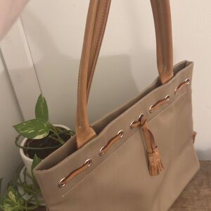 DOONEY& BURKE Classic Canvas Tan Tote Bag with leather Tan Accents.